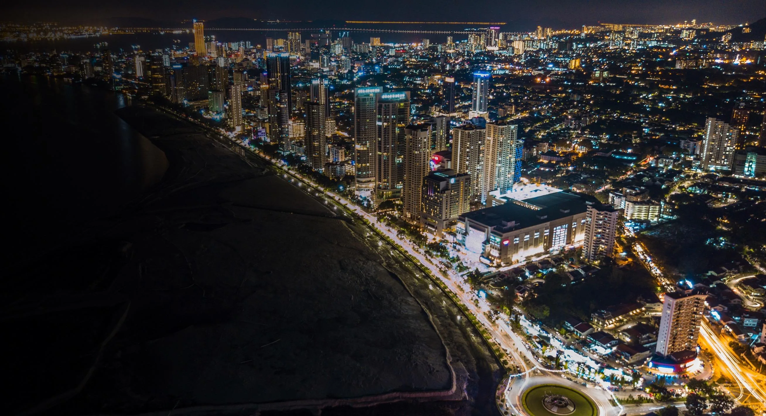 Night aerial view of Gurney and Pulau Tikus near Codrington Residence