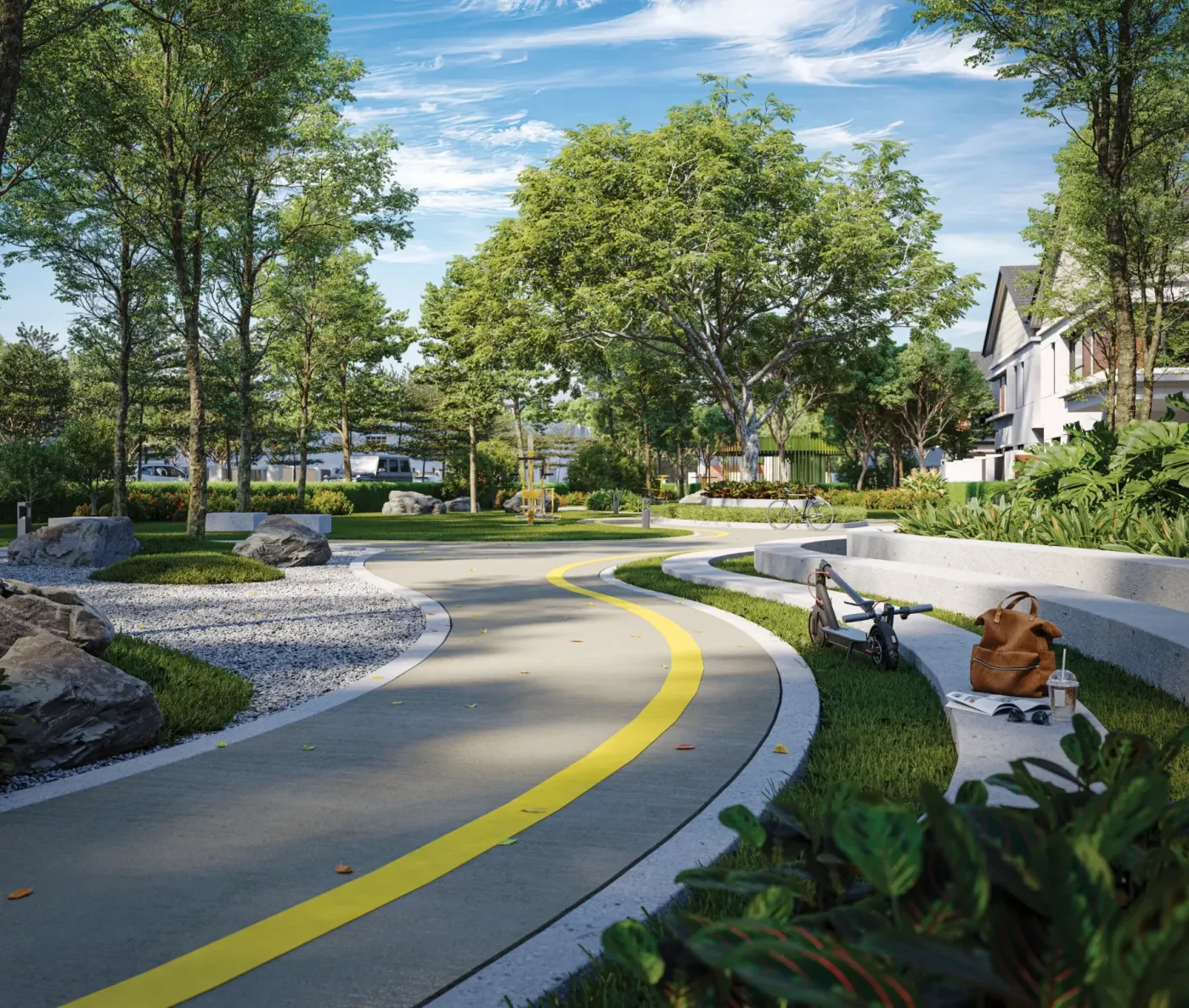 Artist's impression of landscaped parkland and the zen garden at Paramount Embun Hills