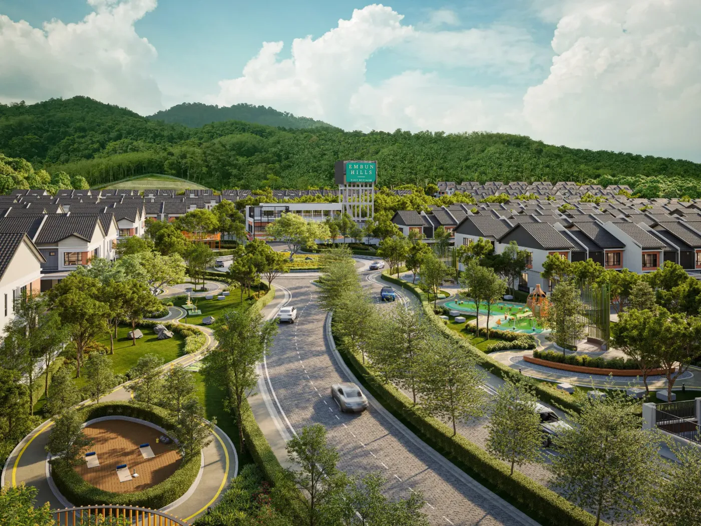 Aerial artist's impression of Paramount Embun Hills with landed homes, parkland and hills