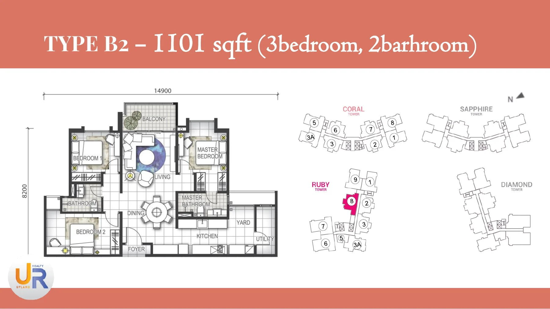 Official GEM Residences Type B2 1101 square foot three-bedroom plan