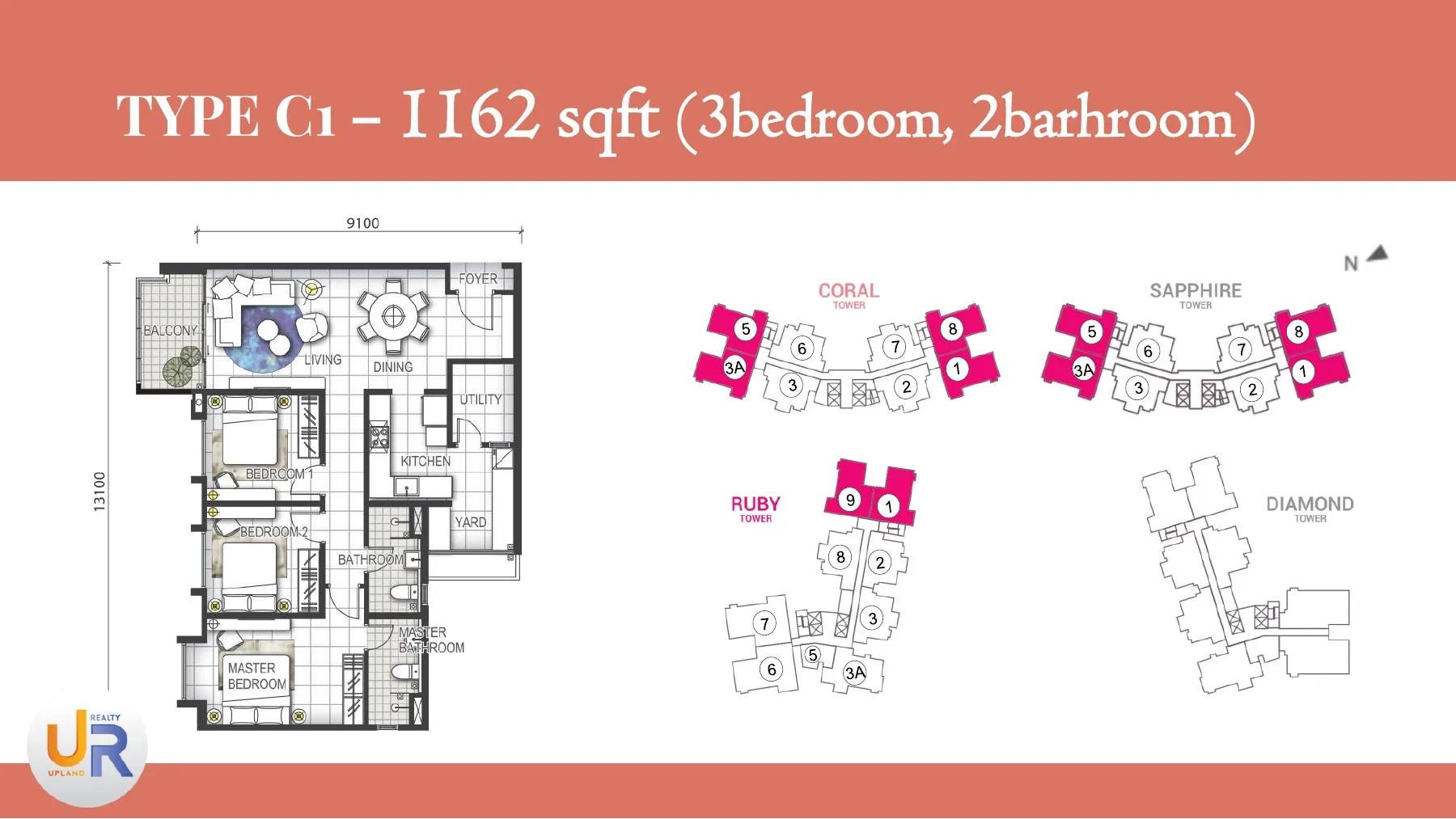 Official GEM Residences Type C1 1162 square foot three-bedroom plan