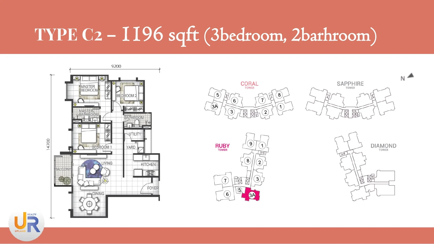 Official GEM Residences Type C2 1196 square foot three-bedroom plan