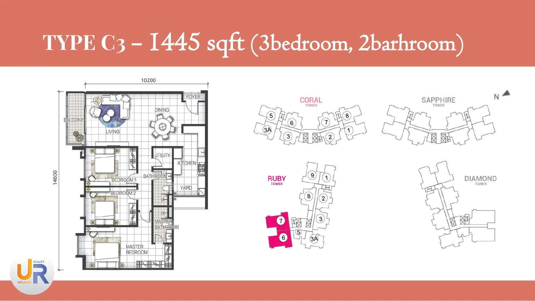 Official GEM Residences Type C3 1445 square foot three-bedroom plan