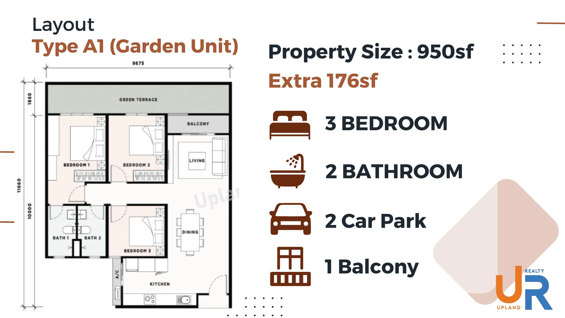 Harbour View Residence Type A1 950 sq.ft. plus 176 sq.ft. garden unit layout