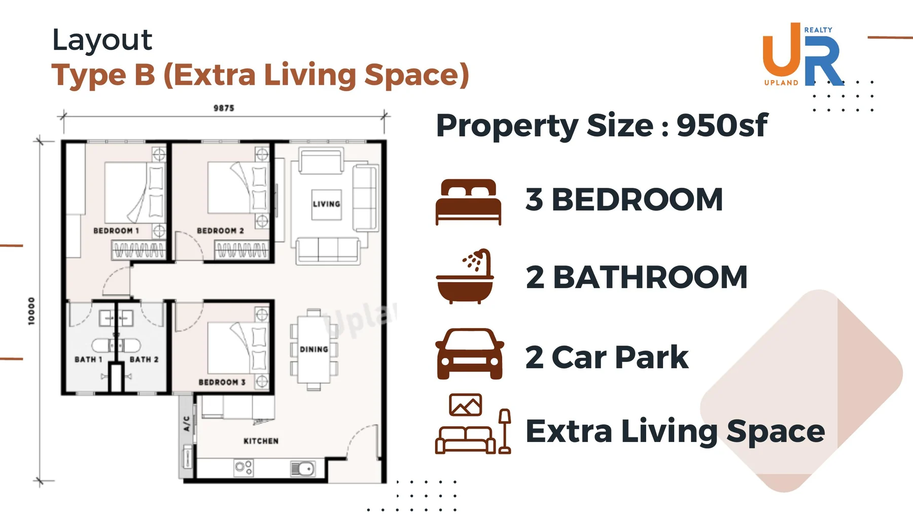 Harbour View Residence Type B 950 sq.ft. unit layout with extra living space