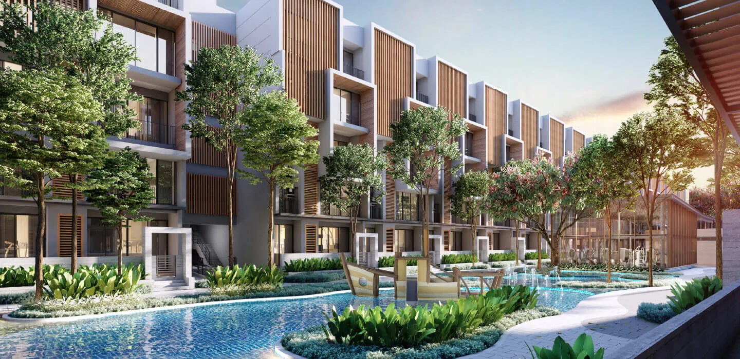 Artist impression of Jesselton Courtyard Villas beside water gardens