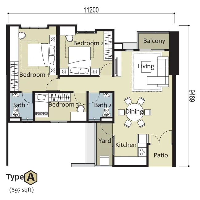 Montview Residence Type A 897 sq.ft. 3-bedroom unit layout
