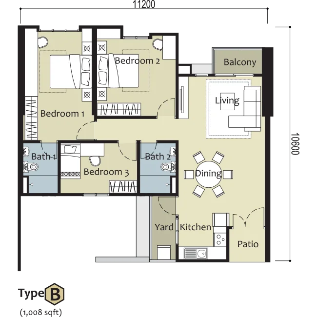 Montview Residence Type B 1008 sq.ft. 3-bedroom unit layout