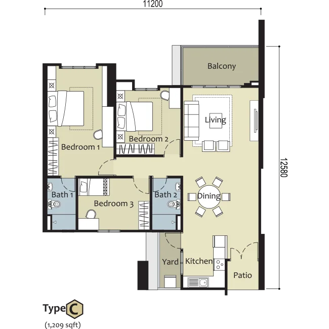 Montview Residence Type C 1209 sq.ft. 3-bedroom unit layout