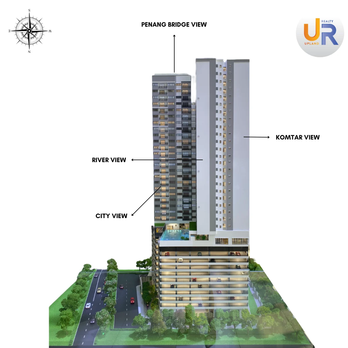 OSK Rubica tower model showing Penang Bridge, river, city, and Komtar view orientation
