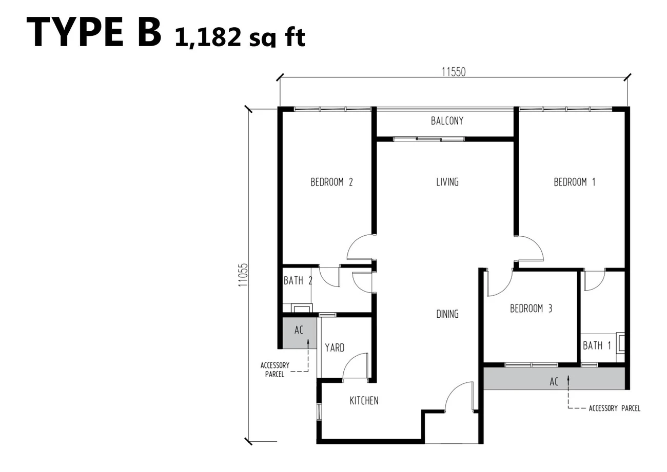OSK Rubica Type B 1,182 sq.ft. floor plan with 3 bedrooms, 2 bathrooms, balcony, yard, and foyer