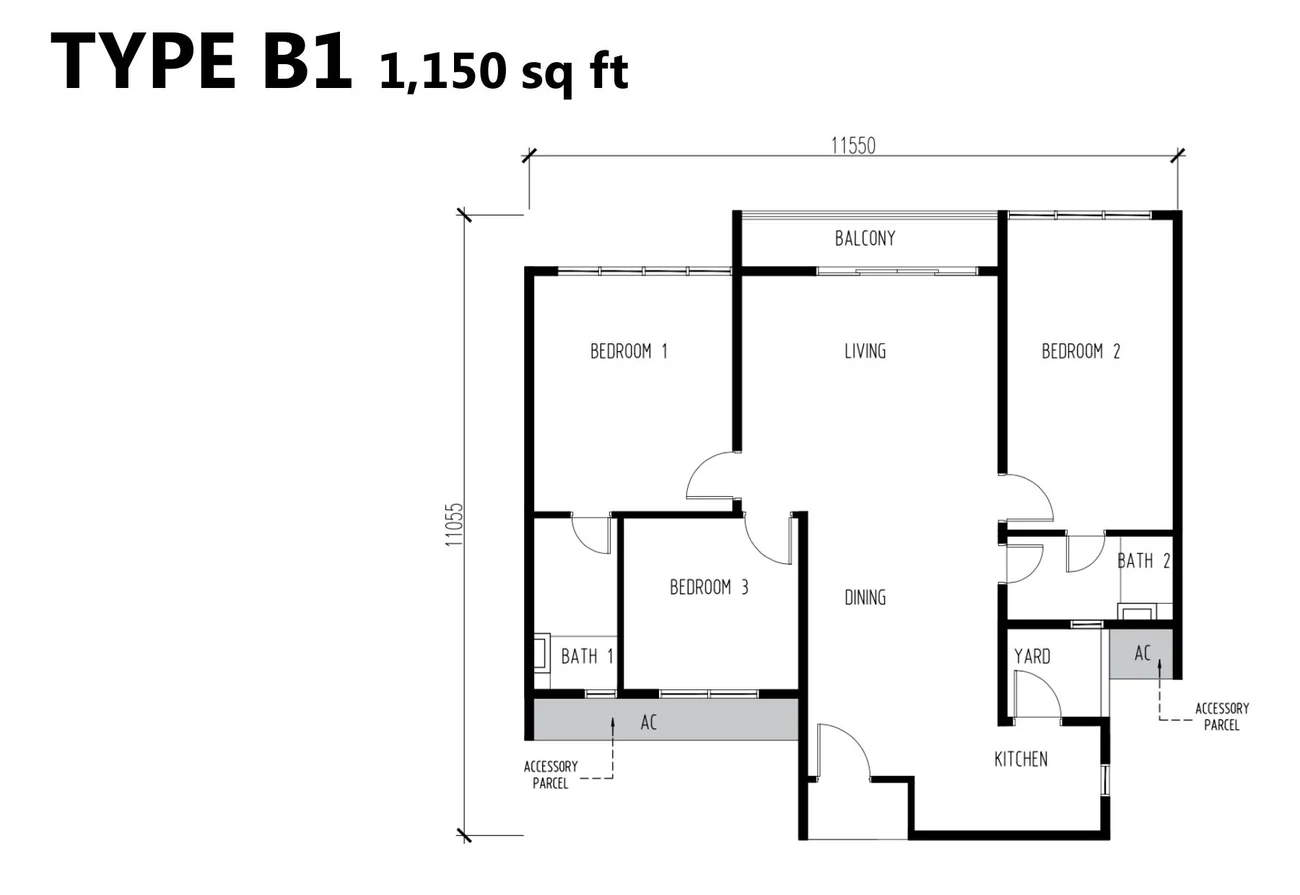 OSK Rubica Type B1 1,150 sq.ft. floor plan with 3 bedrooms, 2 bathrooms, balcony, yard, and foyer