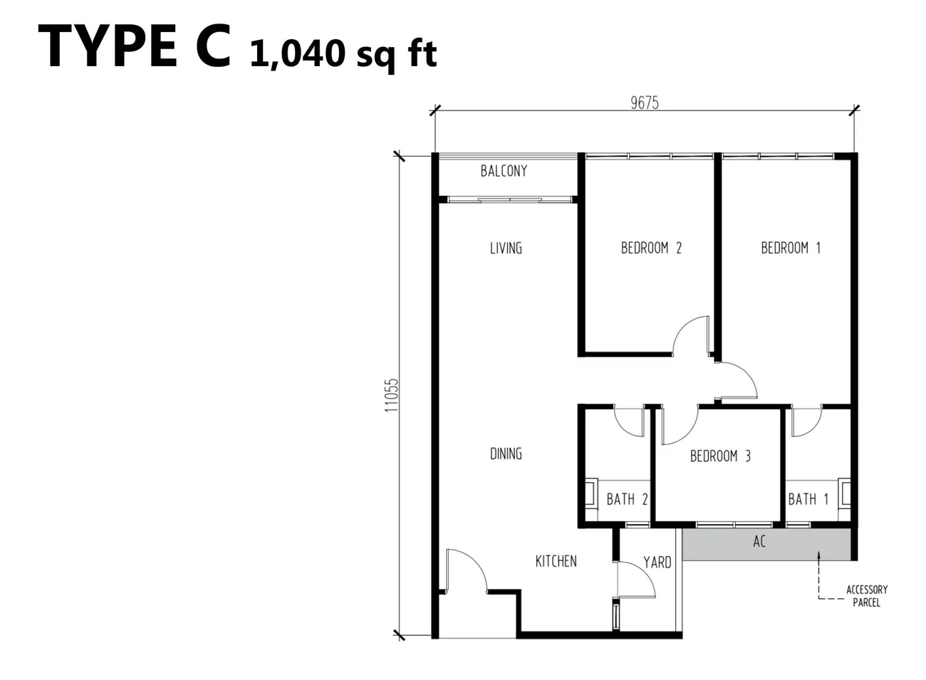 OSK Rubica Type C 1,040 sq.ft. floor plan with 3 bedrooms, 2 bathrooms, balcony, yard, and foyer