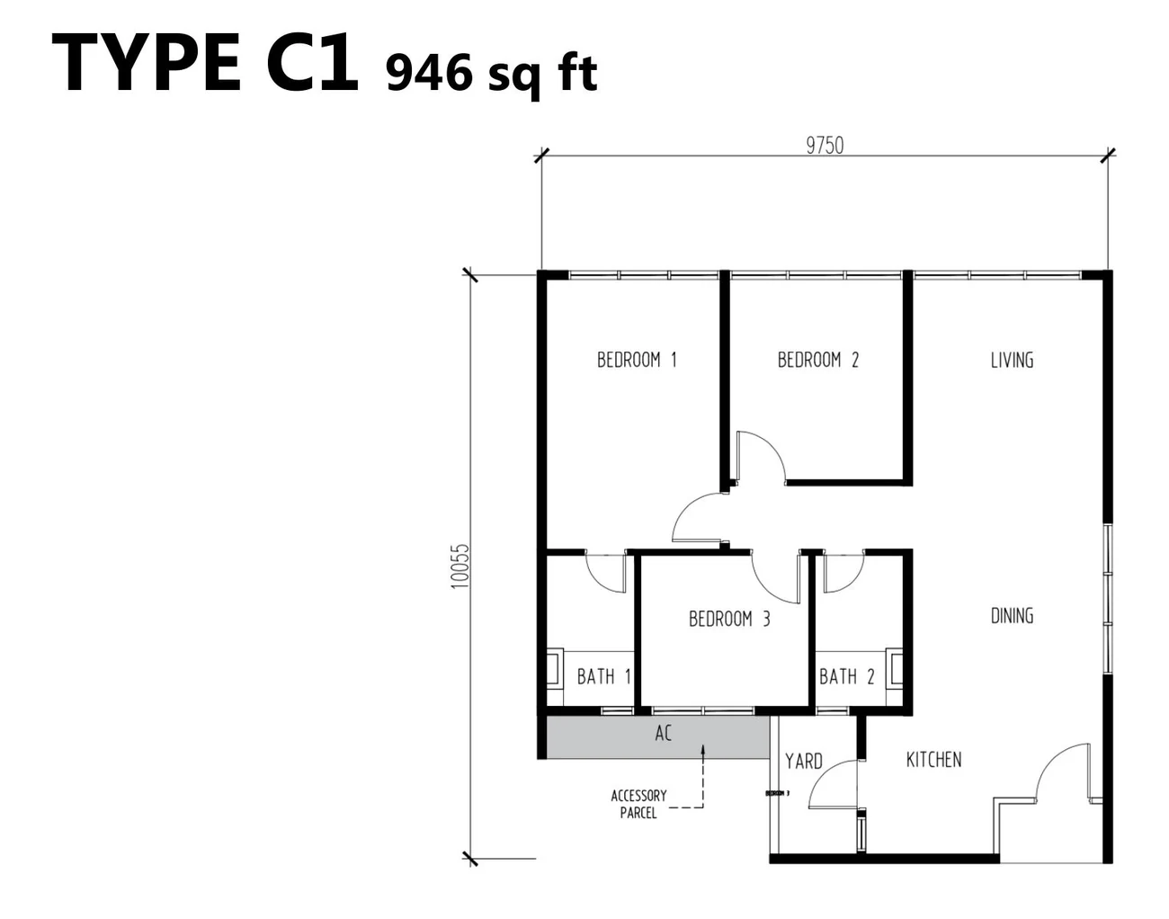OSK Rubica Type C1 946 sq.ft. floor plan with 3 bedrooms, 2 bathrooms, foyer, and yard