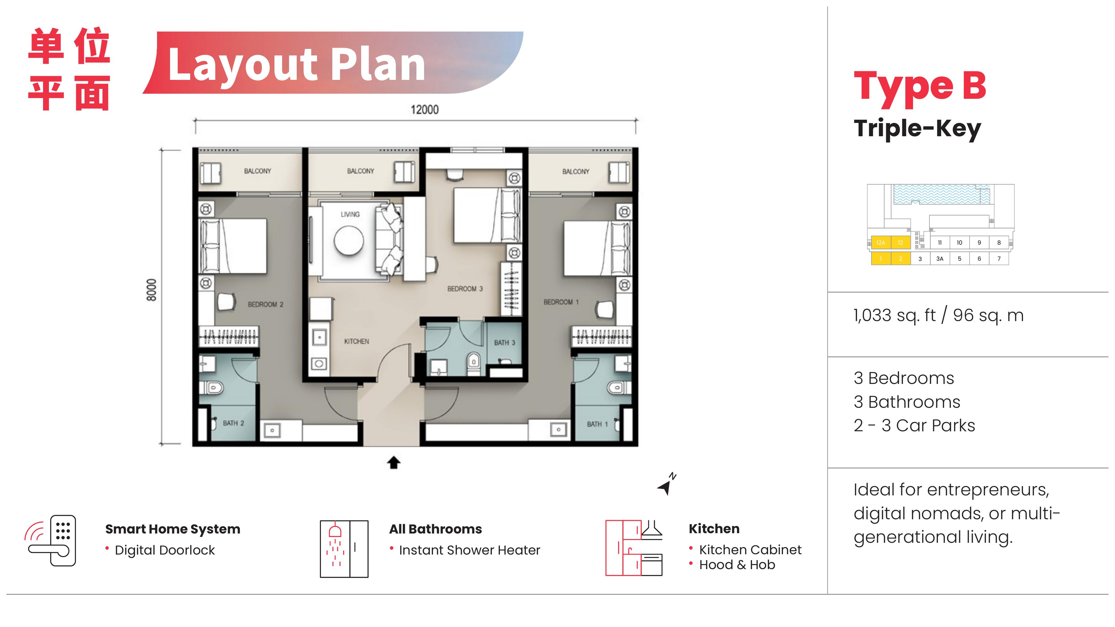 Seiras Residences Type B Triple-Key official unit layout