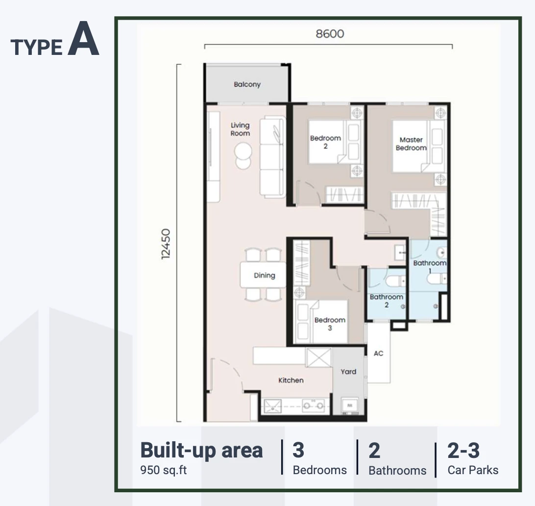 Sevora Residence Type A 950 sq.ft. unit layout