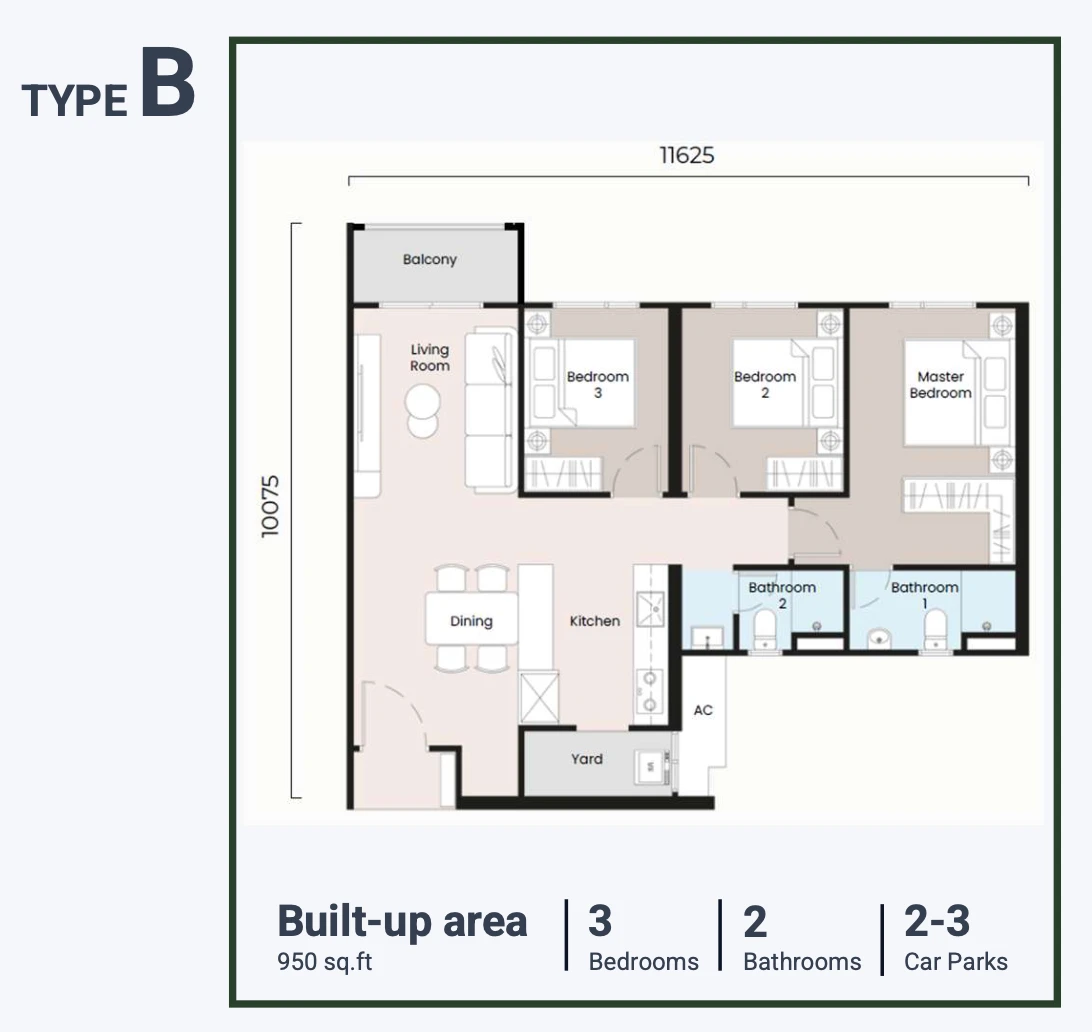 Sevora Residence Type B 950 sq.ft. unit layout