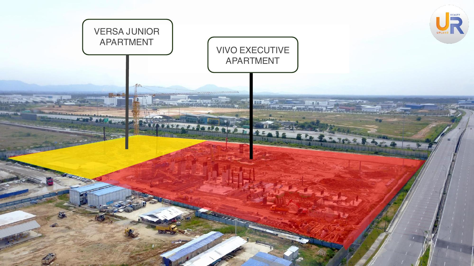 Aerial context showing Versa Junior Apartment and Vivo Executive Apartment site positions in Batu Kawan